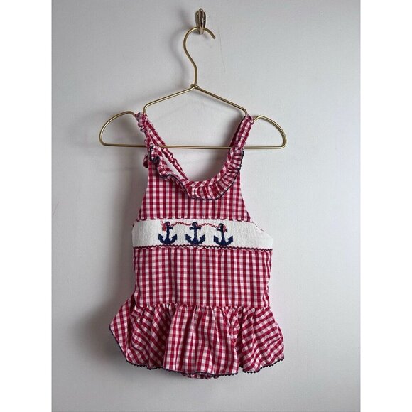 Silly Goose Romper One Piece w/Ruffles Nautical Smocked Red Gingham 4t - Picture 1 of 9